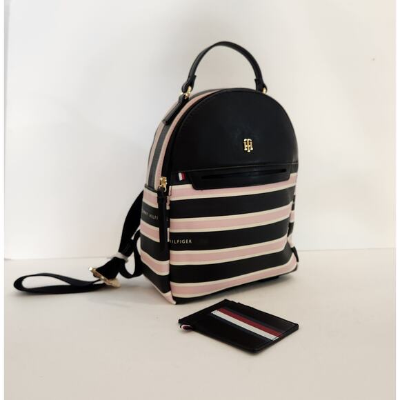 TOMMY HILFIGER Black Pink Stripe Backpack With Card Case Pockets Womens NWOT